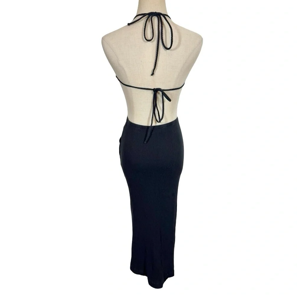 Free People FP Beach Margaret Ribbed Cut Out Backless Midi Dress Black